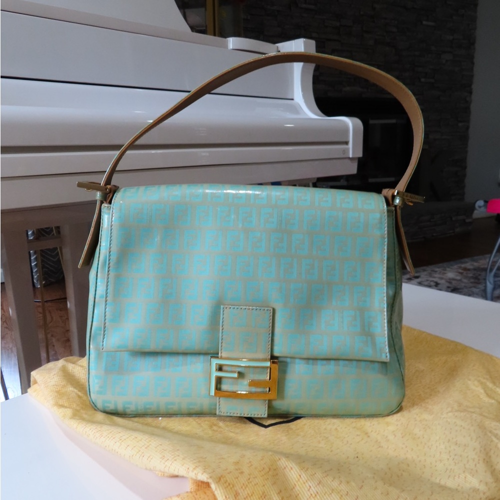 Fendi Mint Green Monogram Shoulder Bag with Gold Buckle